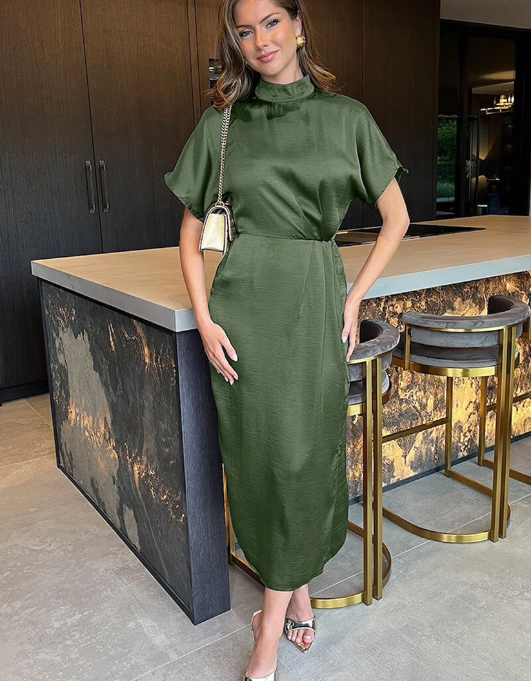 Olive Satin High Neck Wrap Skirt Midi Dress, 2 of 1