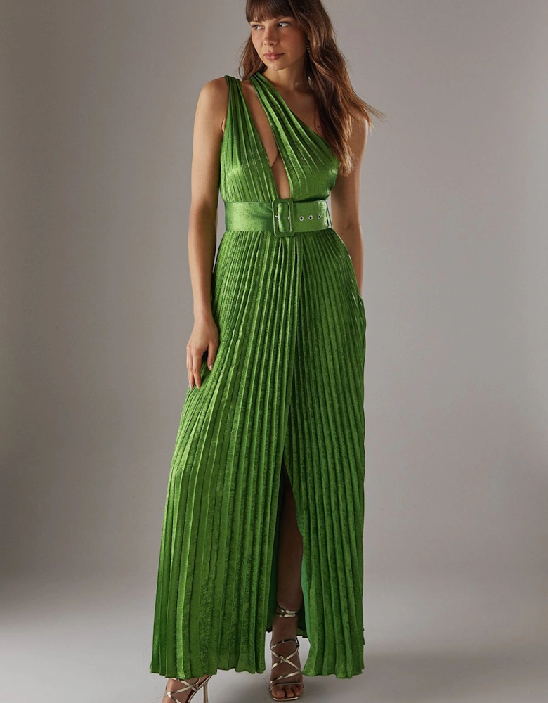 Premium One Shoulder Belted Pleated Maxi Dress