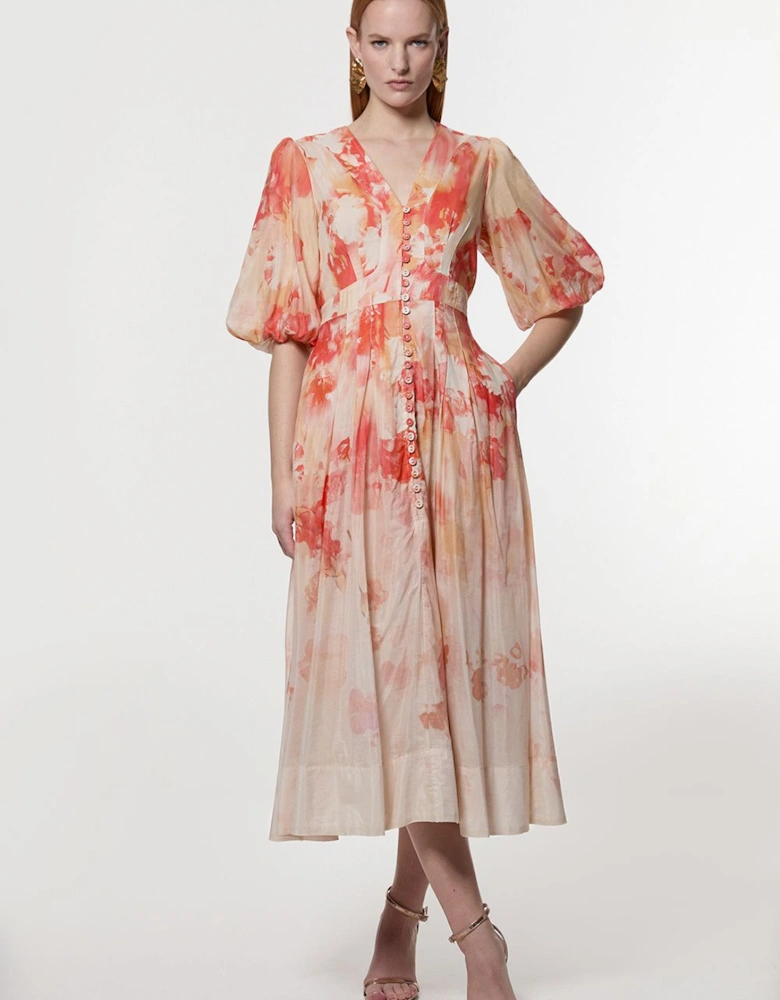 Silk Cotton Trailing Floral Puff Sleeve Midi Dress