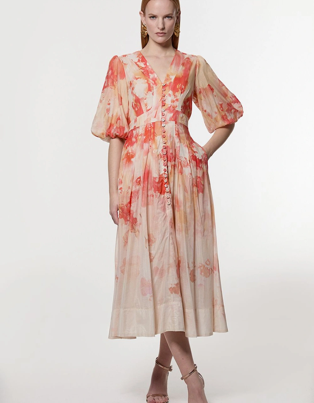 Silk Cotton Trailing Floral Puff Sleeve Midi Dress, 2 of 1