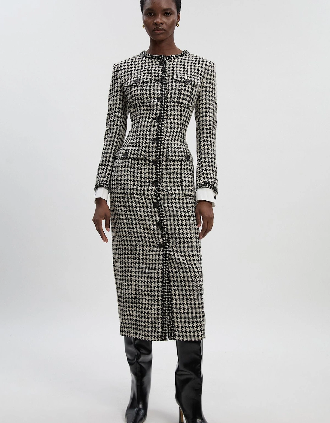 Petite Tailored Check Contrast Sleeve Pocket Front Midi Dress, 2 of 1