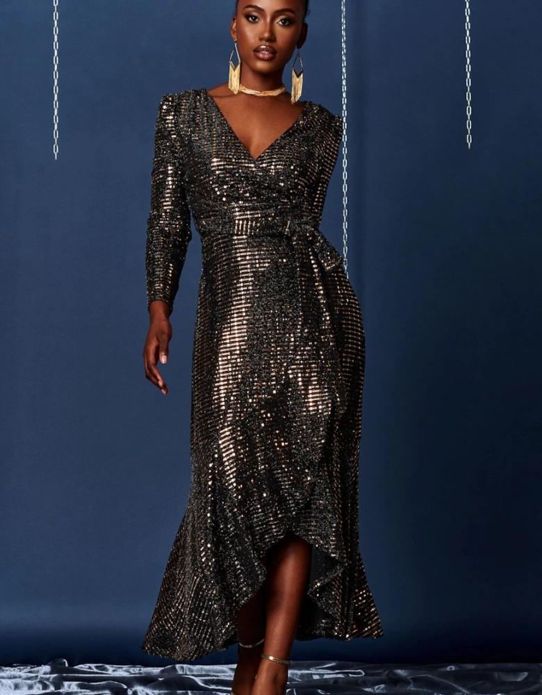 Sparkly Wrap Frill Hem Maxi Dress