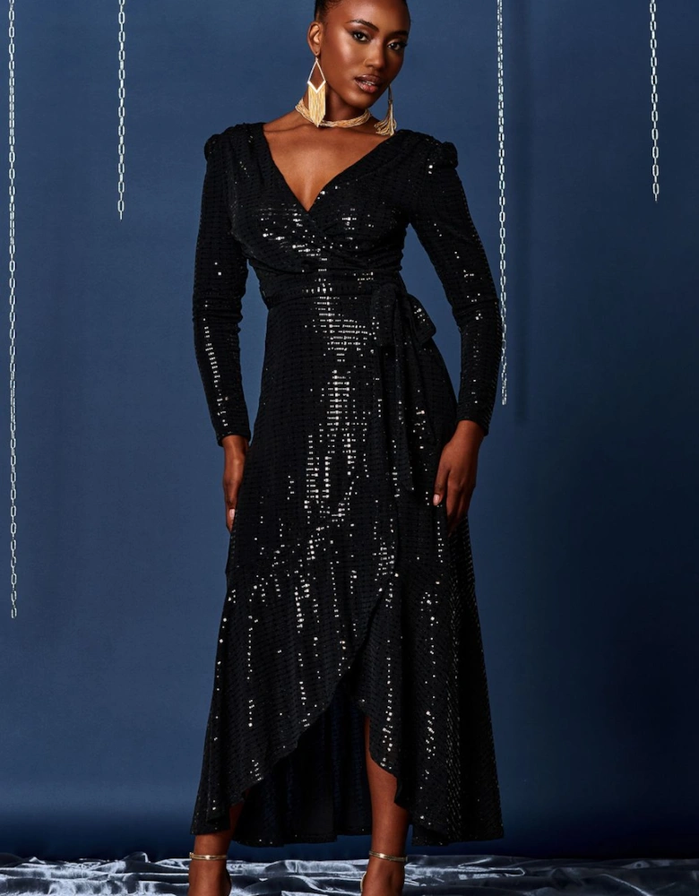 Sparkly Wrap Frill Hem Maxi Dress