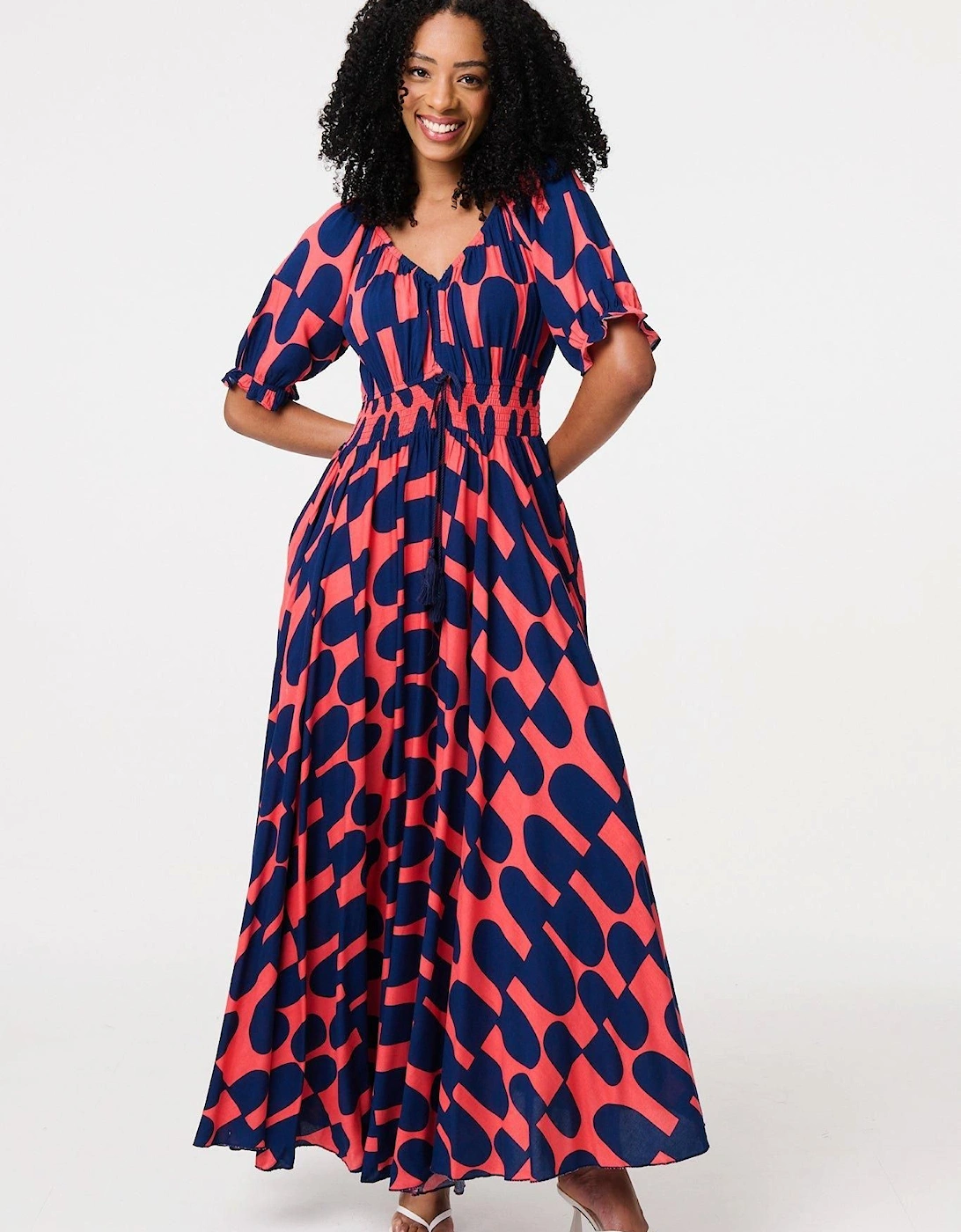 Printed V-Neck Short Puff Sleeve Maxi Dress, 2 of 1