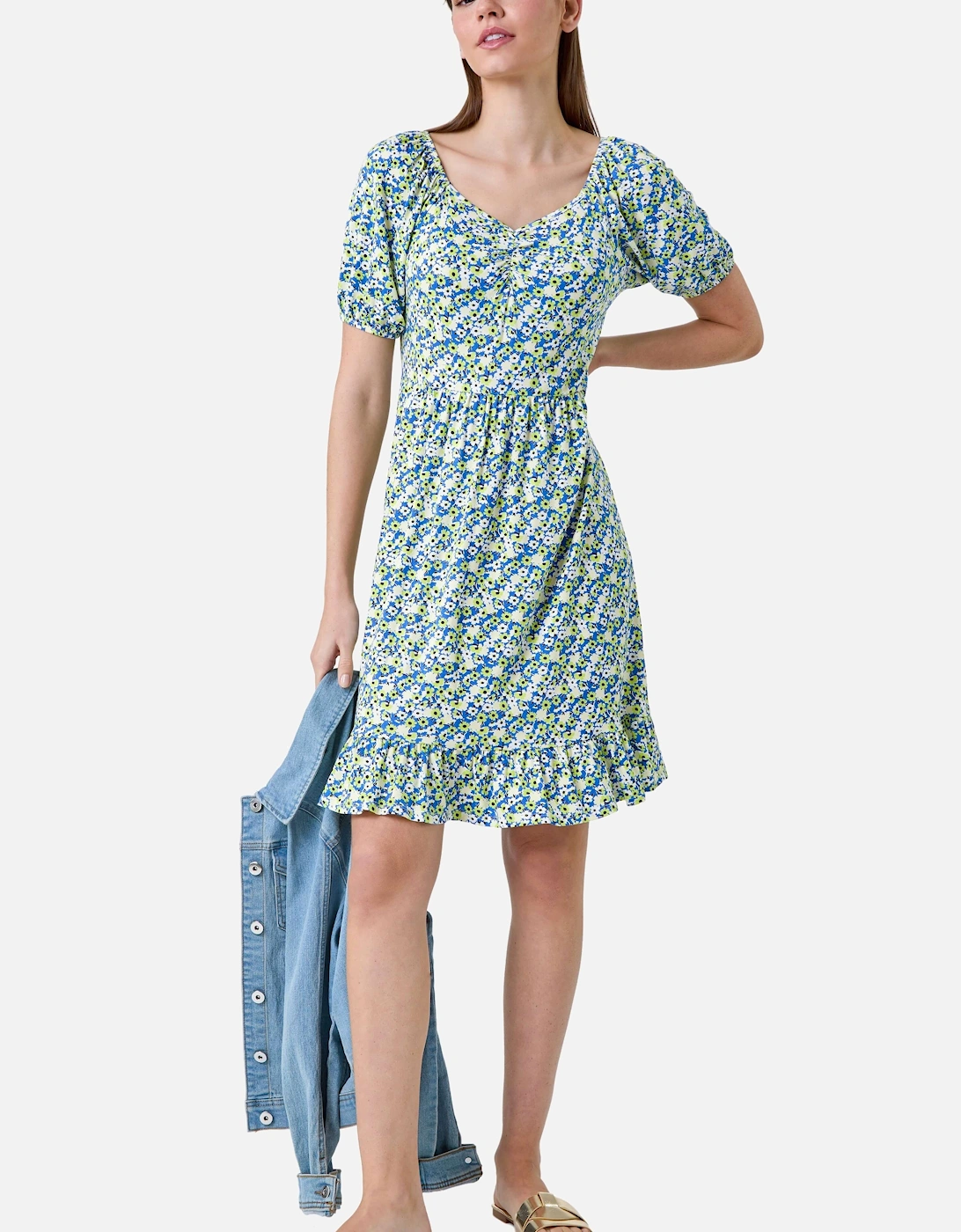 Ditsy Floral Ruched Frill Stretch Dress, 2 of 1