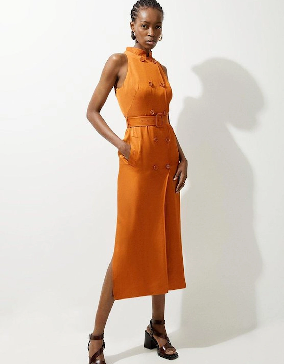 Premium Tailored Linen Double Breasted Belted Midi Dress, 5 of 4
