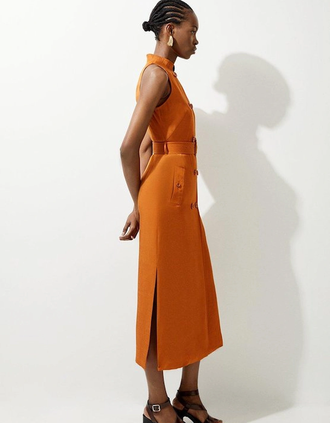 Premium Tailored Linen Double Breasted Belted Midi Dress