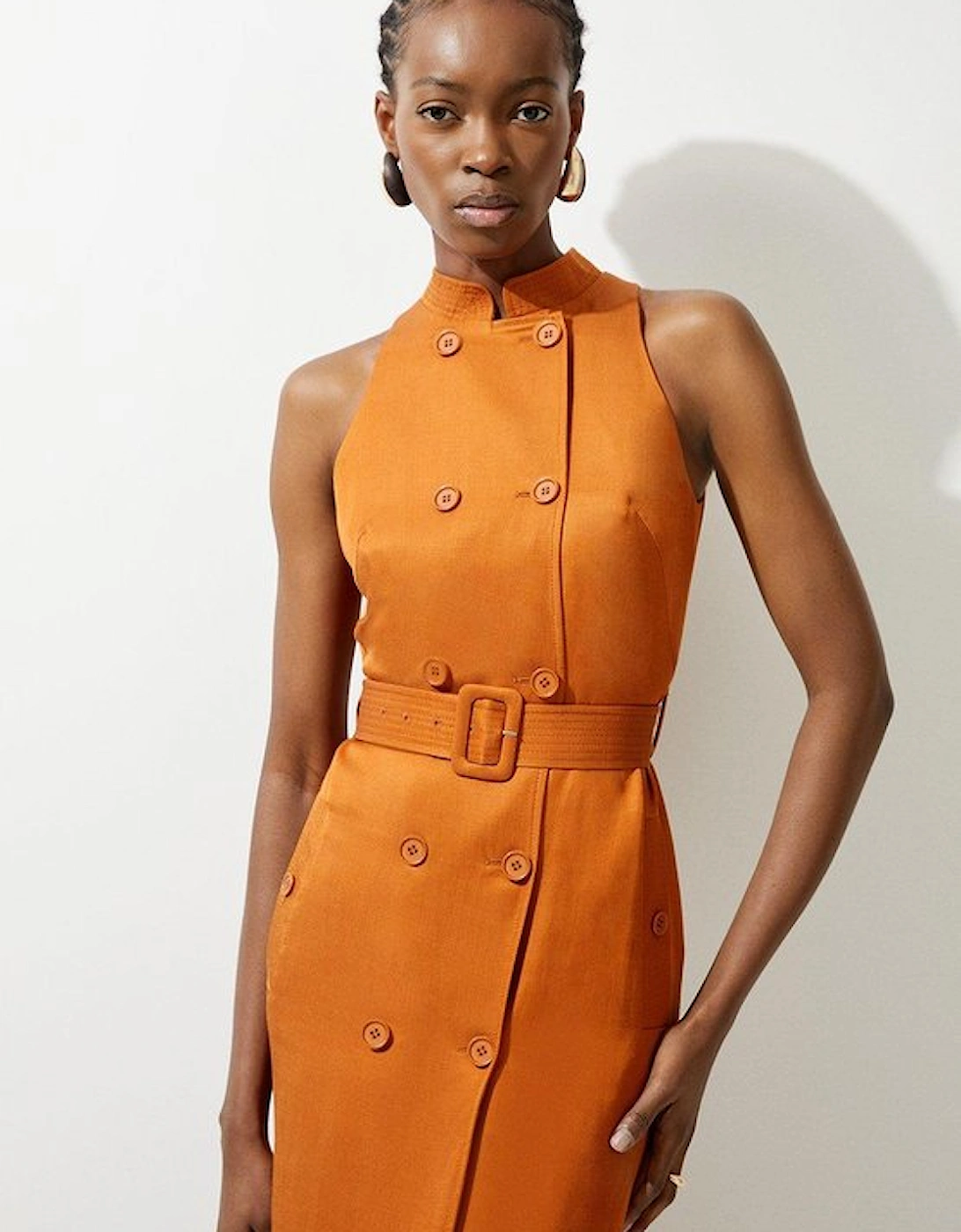 Premium Tailored Linen Double Breasted Belted Midi Dress