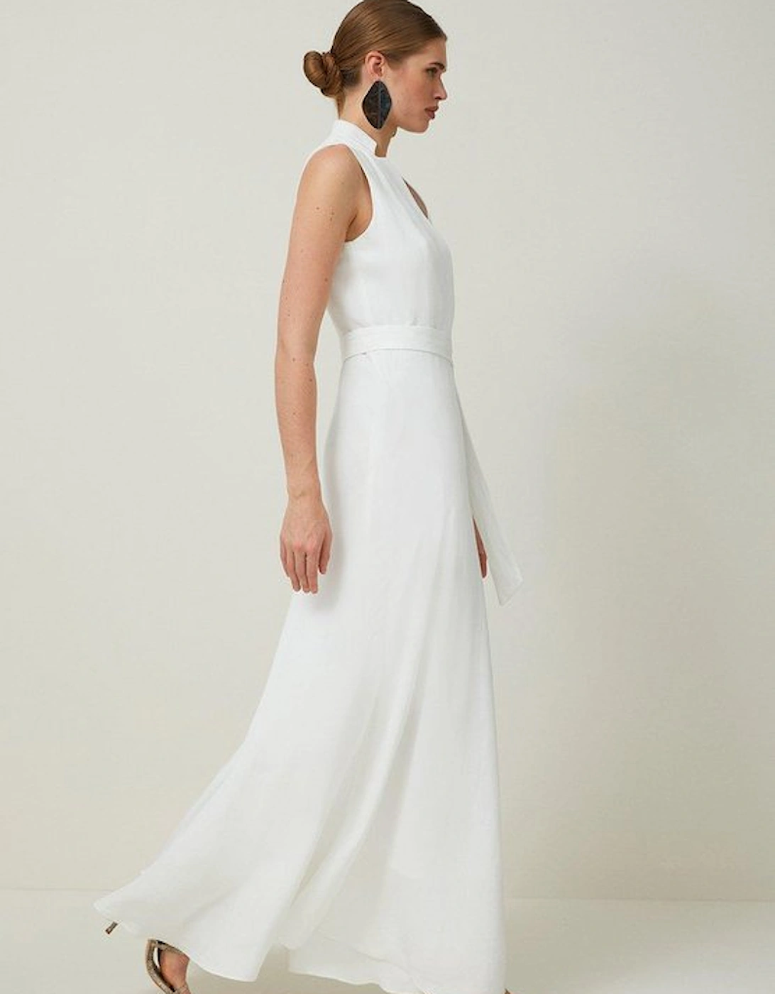 Petite Premium Tailored Linen Notch Neck Belted Midaxi Dress