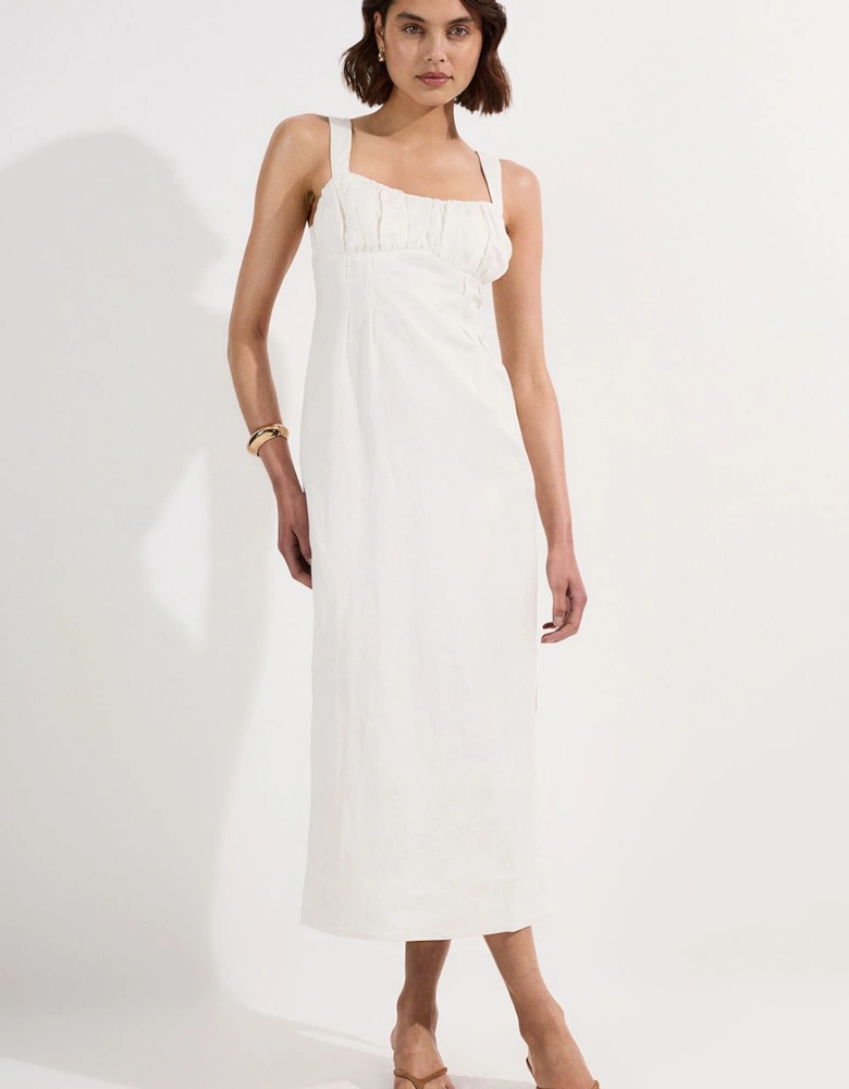 Viscose Linen Ruched Detail Strappy Woven Midi Dress