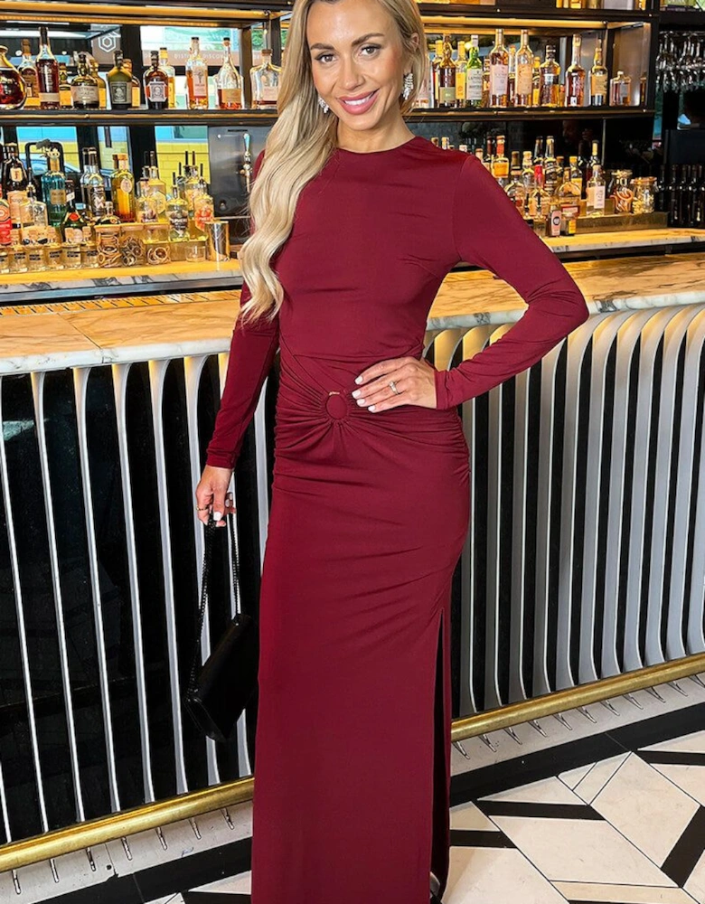 Burgundy Long Sleeve O-Ring Detail Bodycon Midi Dress