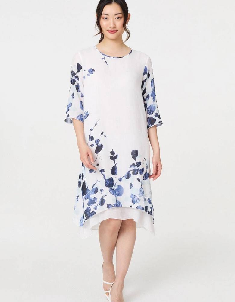 Floral 3/4 Sleeve Layered Hem Midi Dress