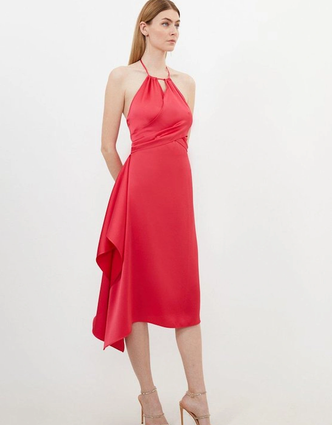 Satin Back Crepe Draped Wrap Halter Tie Neck Midi Dress, 5 of 4