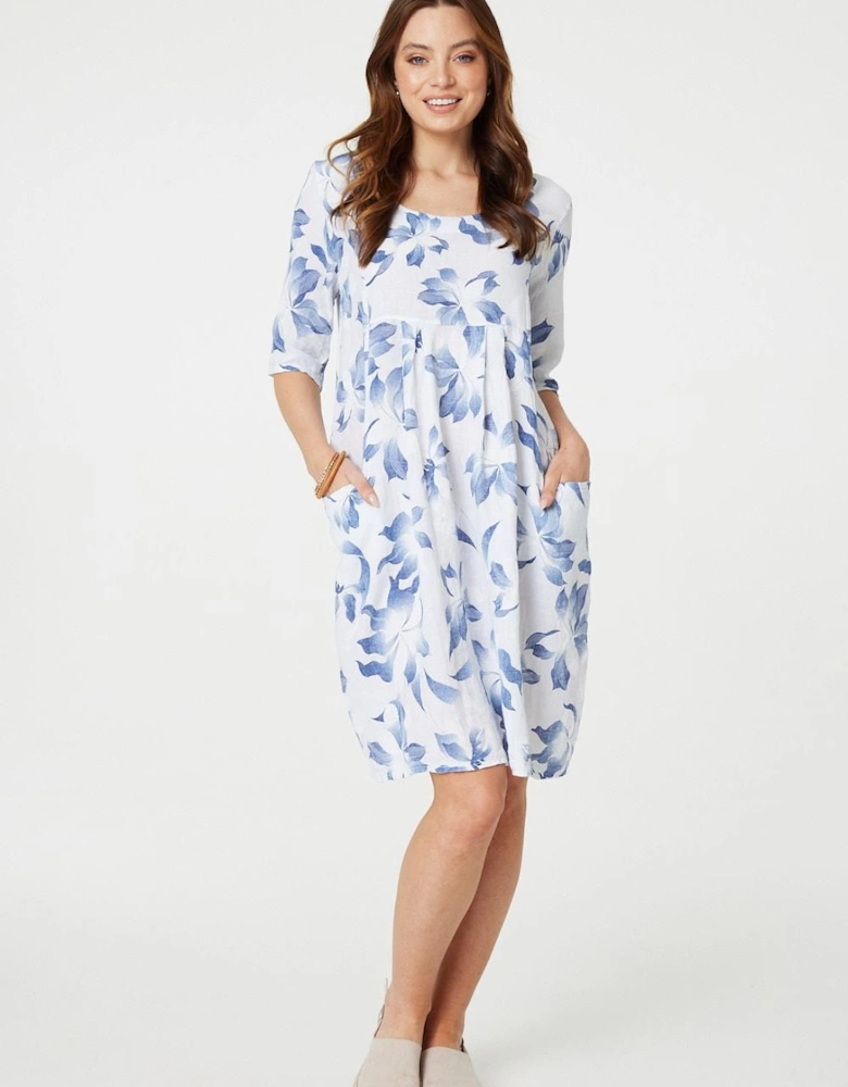 Leaf Print 3/4 Sleeve Knee Length Dress