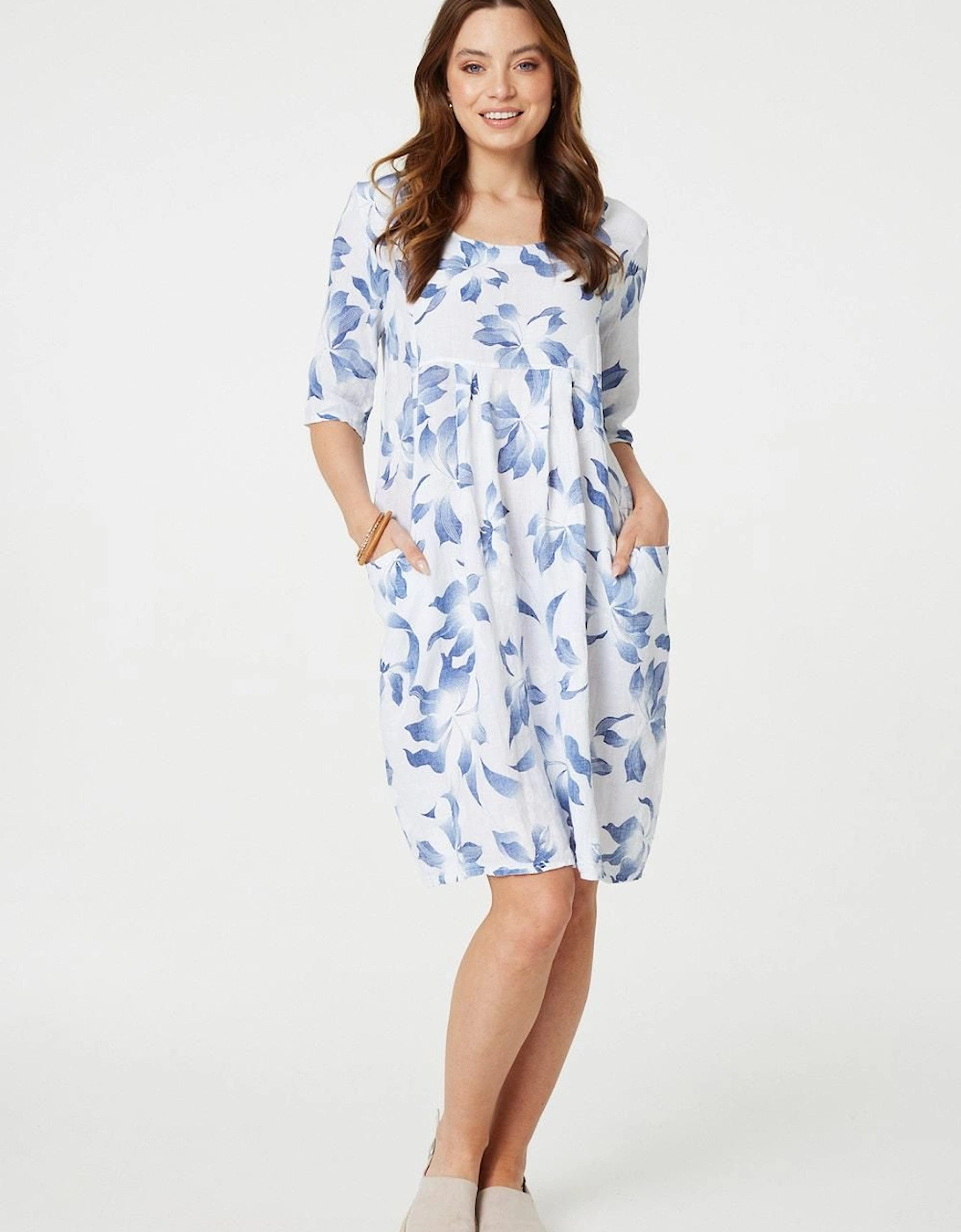 Leaf Print 3/4 Sleeve Knee Length Dress, 2 of 1