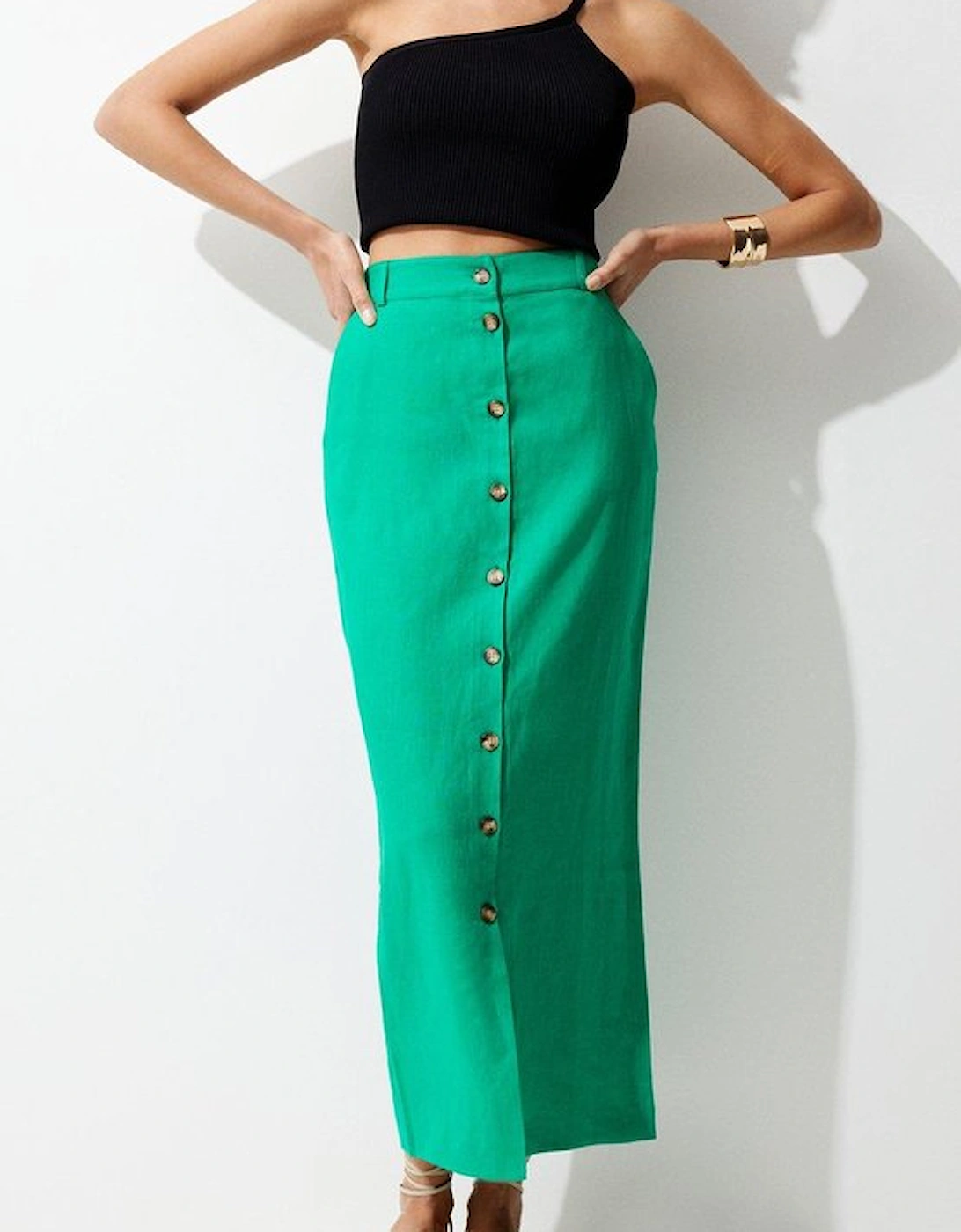 Linen Tailored Pencil Midi Skirt