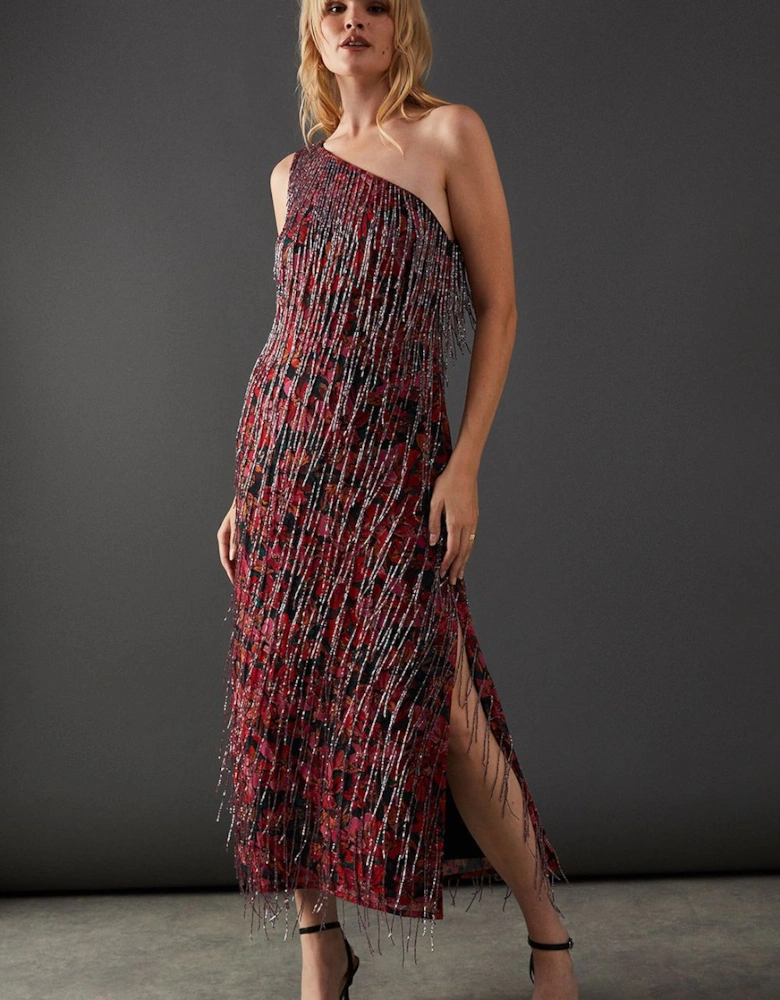Print Sequin Fringe Embellished One Shoulder Midi Dress