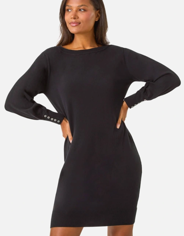 Button Detail Slash Neck Knitted Stretch Dress