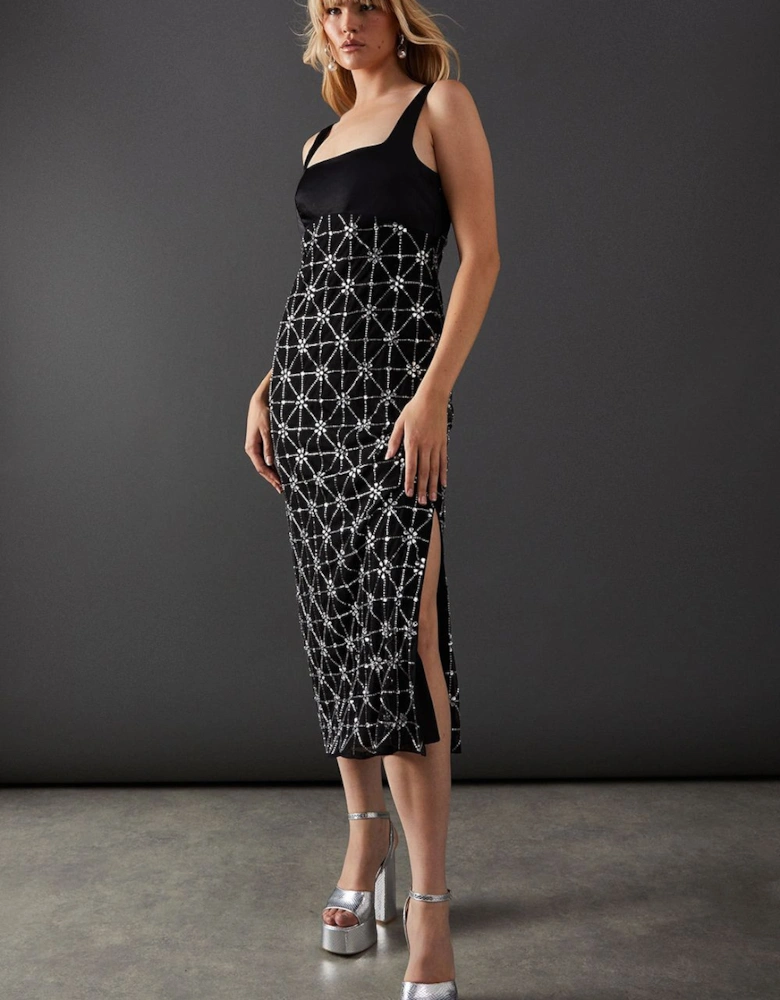 Premium Embellished Sequin Square Neck Midi Dress