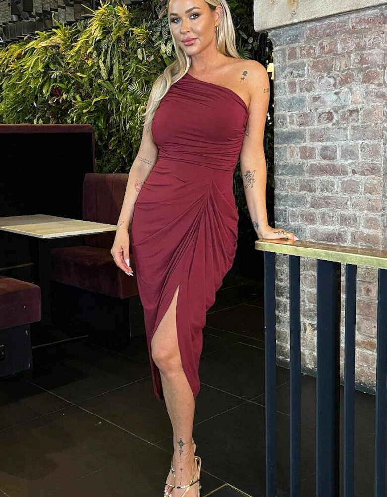 Burgundy One Shoulder Gathered Skirt Midi Dress
