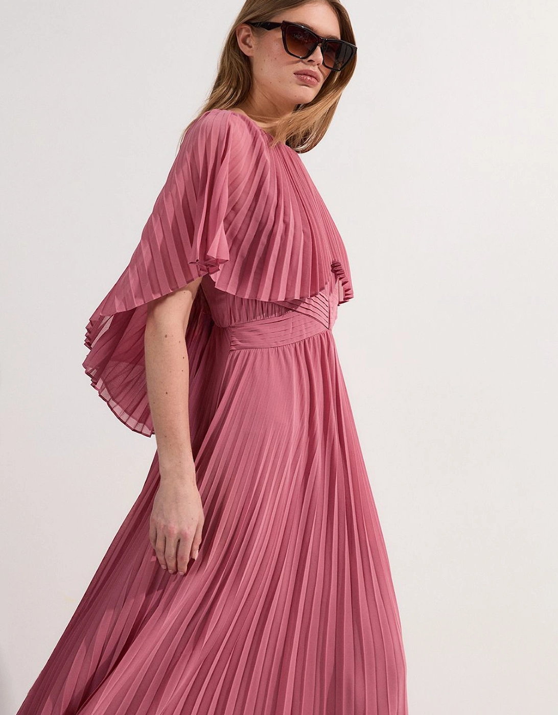 Pleated Cape Sleeve Low Back Maxi Dress, 2 of 1