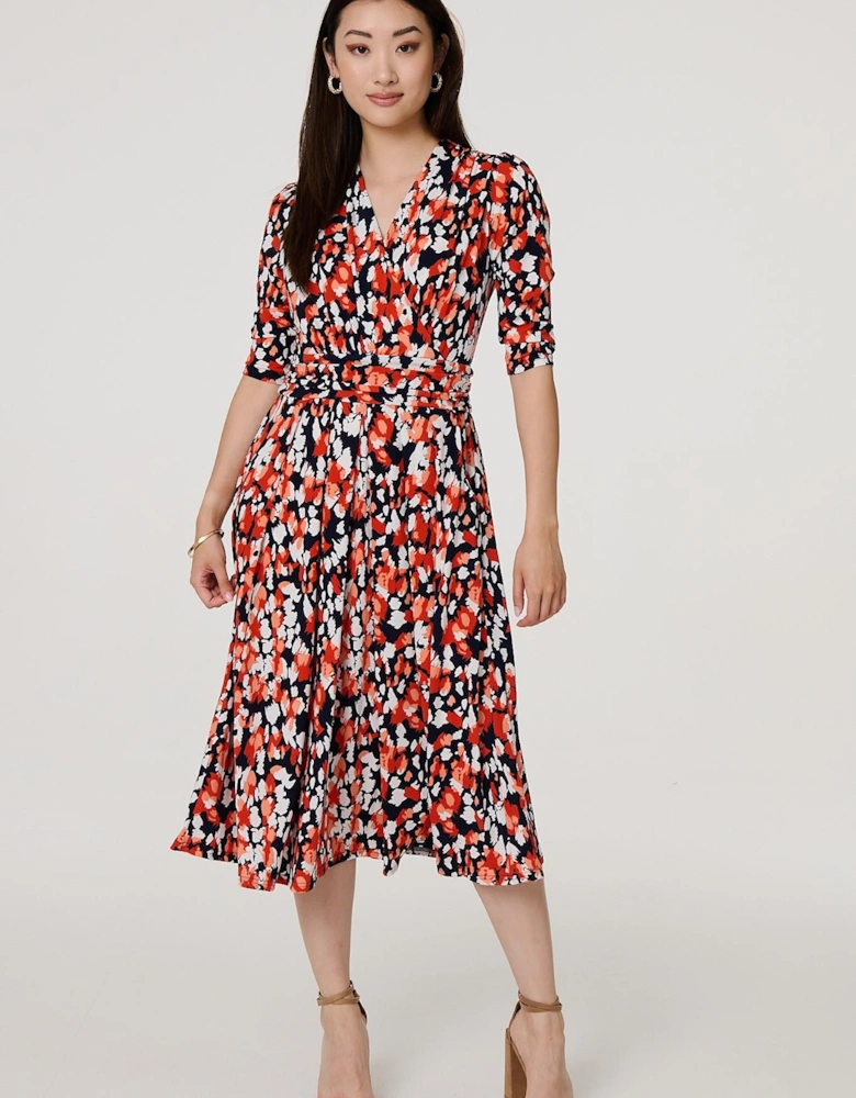 Printed 3/4 Sleeve V-Neck Midi Wrap Dress