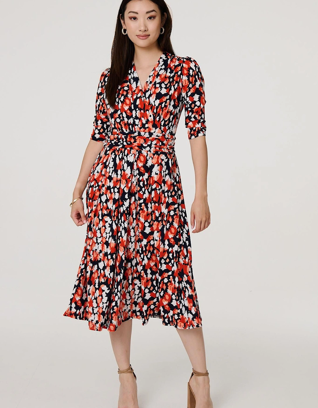 Printed 3/4 Sleeve V-Neck Midi Wrap Dress, 2 of 1