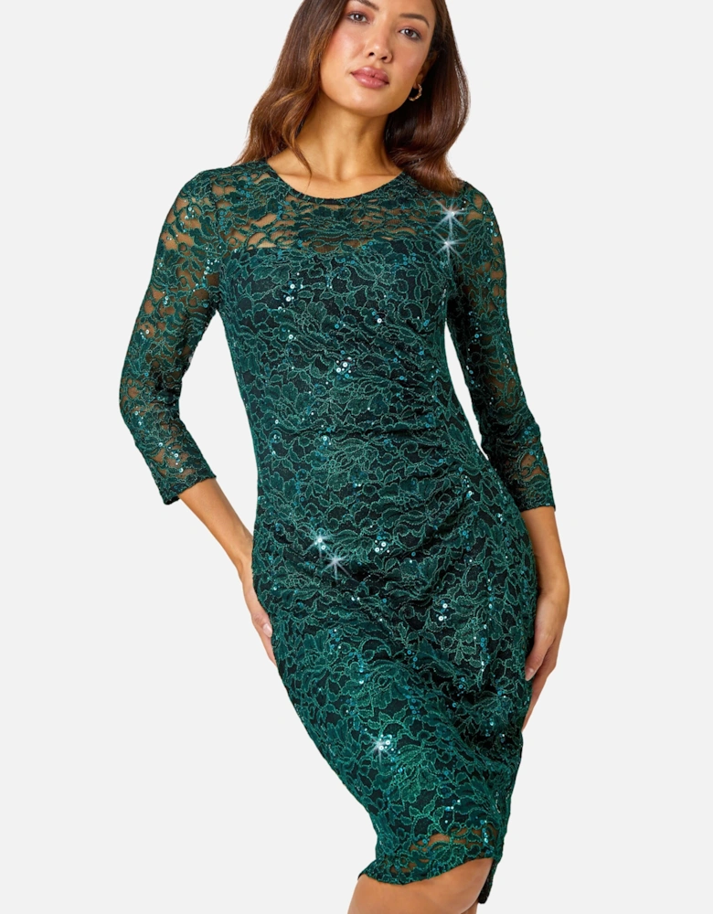Sequin Lace Ruched Stretch Dress