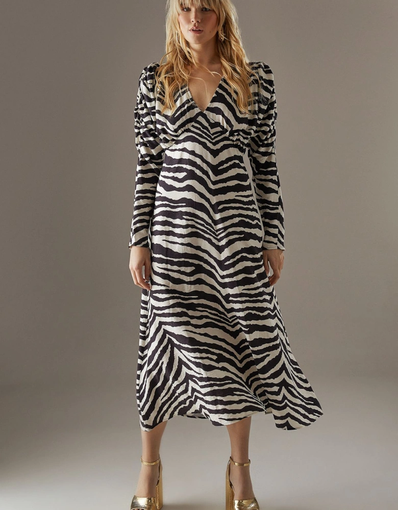 Zebra Viscose V Neck Long Puff Sleeve Midi Dress