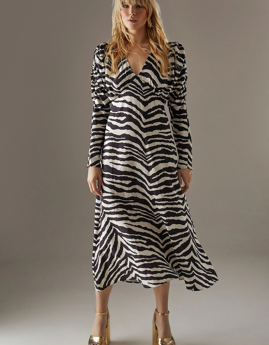 Zebra Viscose V Neck Long Puff Sleeve Midi Dress, 2 of 1
