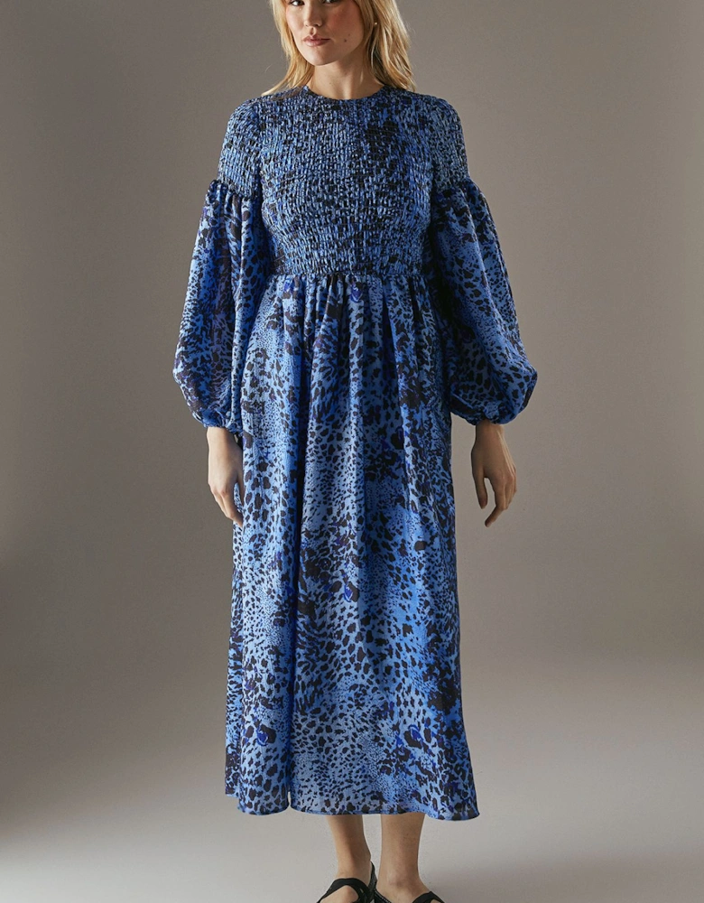 Printed Textured Organza Shirred Midaxi Dress