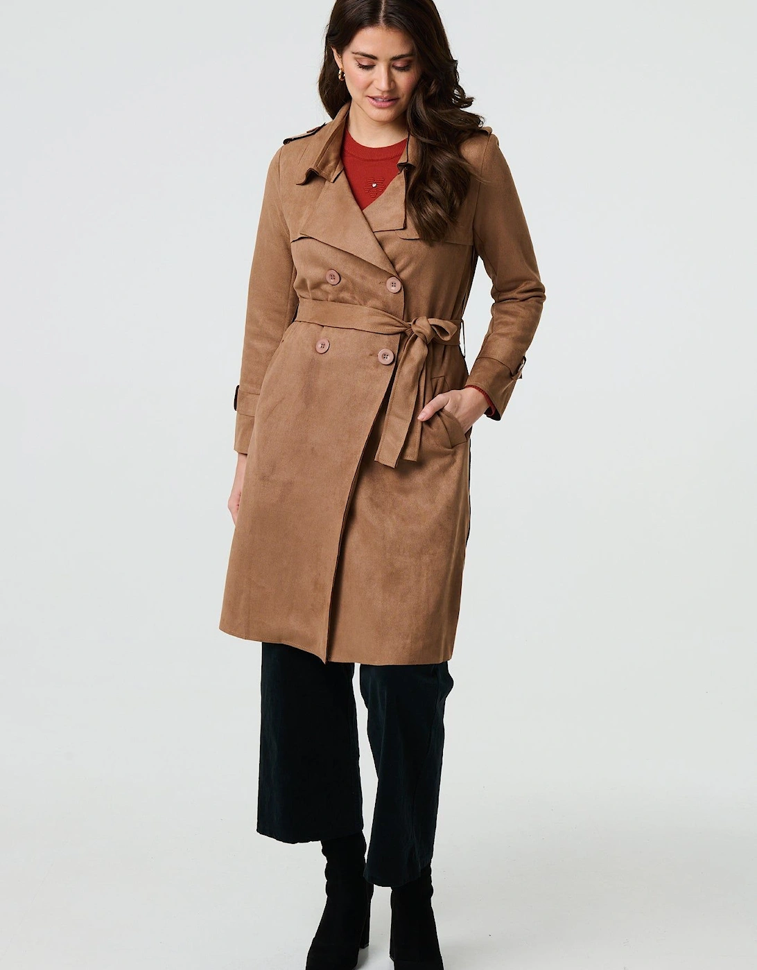 Suede Tie Waist Button Front Trench Coat, 2 of 1