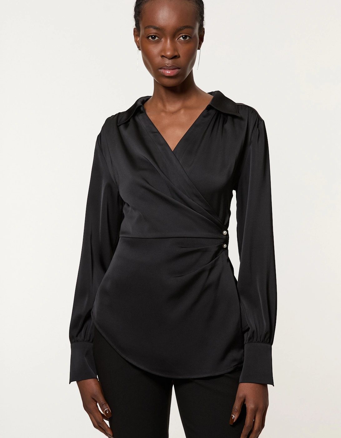 Tall Satin Back Crepe Pearl Detail Wrap Blouse, 2 of 1