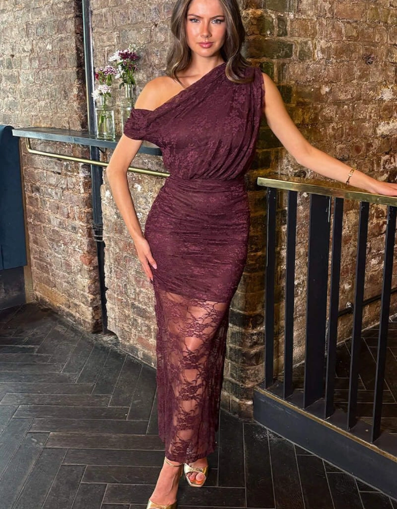 Plum Lace Overlay Off The Shoulder Midi Dress