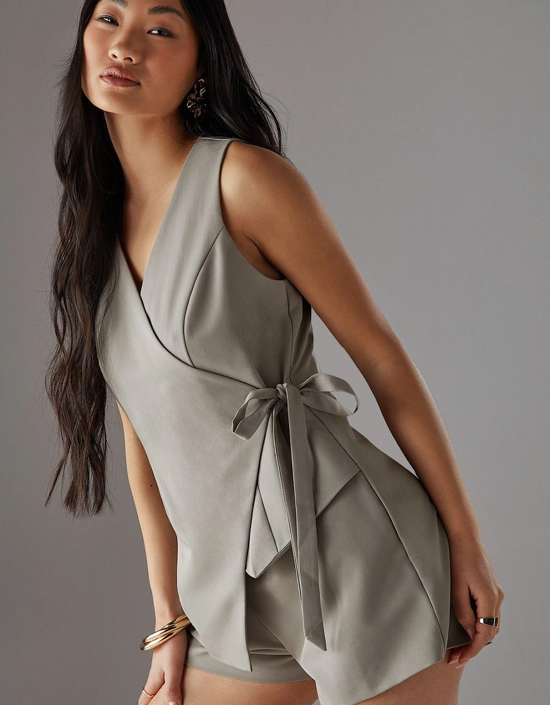 Petite Tailored Waistcoat Tie Side Playsuit, 2 of 1