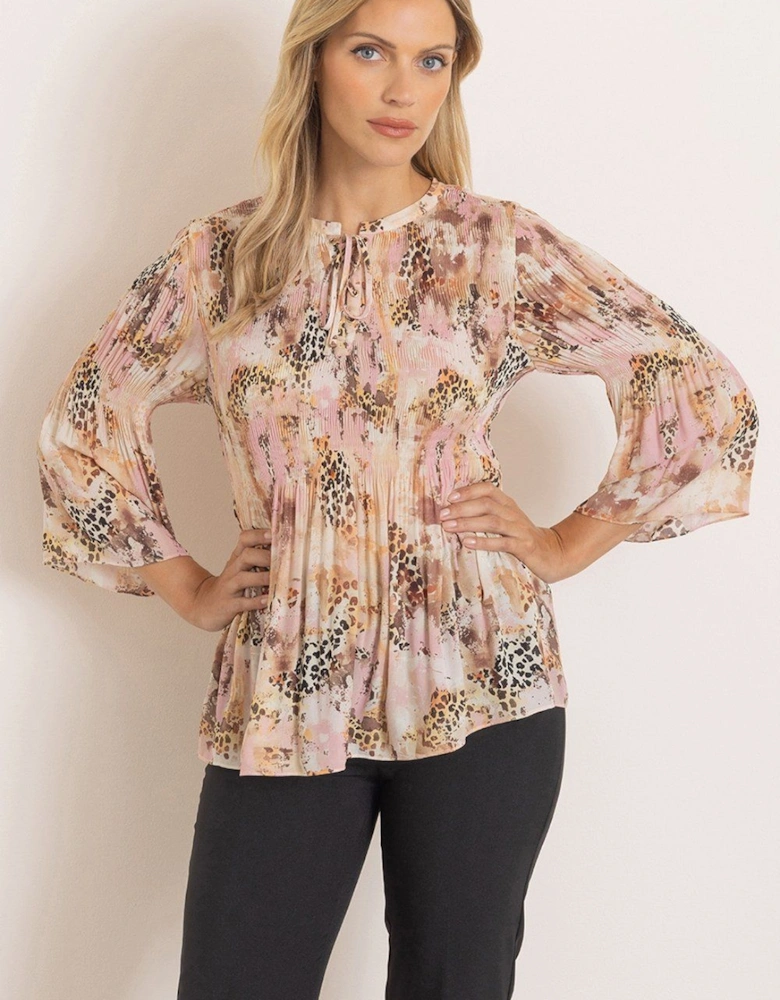 Lace Up Animal Print Pleated Top