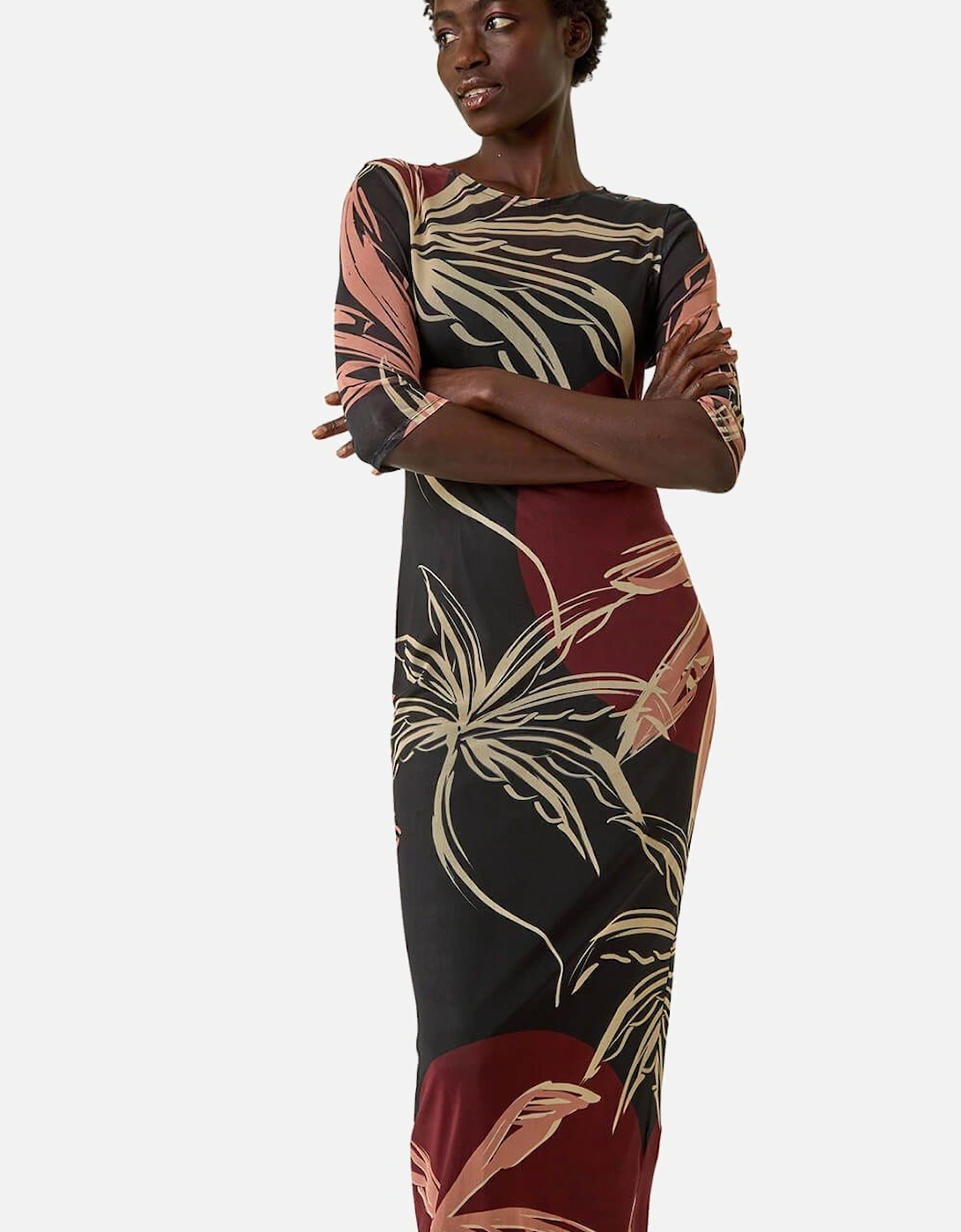 Palm Print Mesh Maxi Stretch Dress, 2 of 1