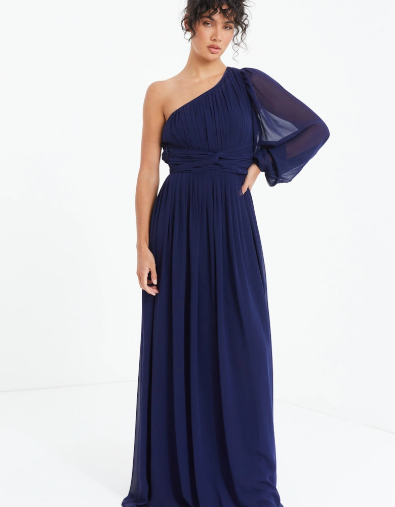 Blue Chiffon One Sleeve Maxi Dress