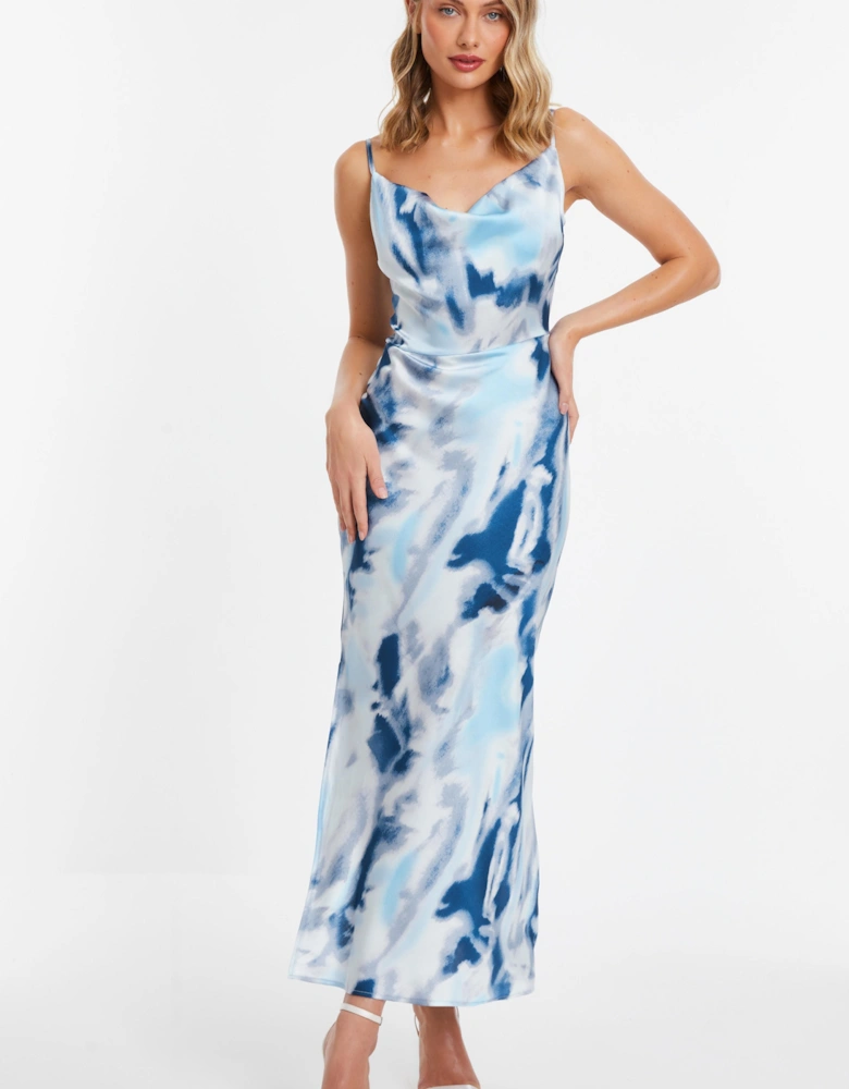 Blue Satin Marble Print Midi Dress