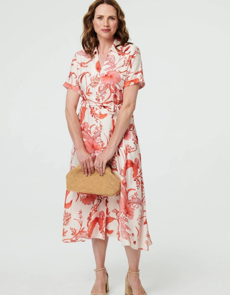 Printed Tie Waist Shirt Midi Dress