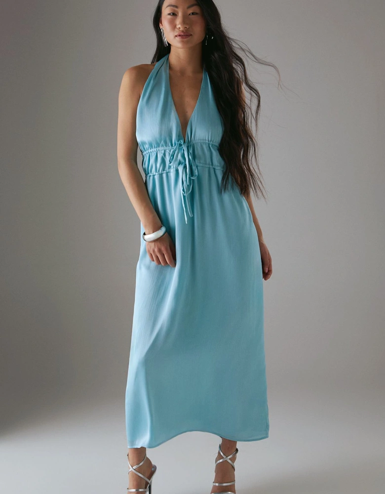Petite Crinkle Satin Halter Drawstring Waist Bias Midi Dress