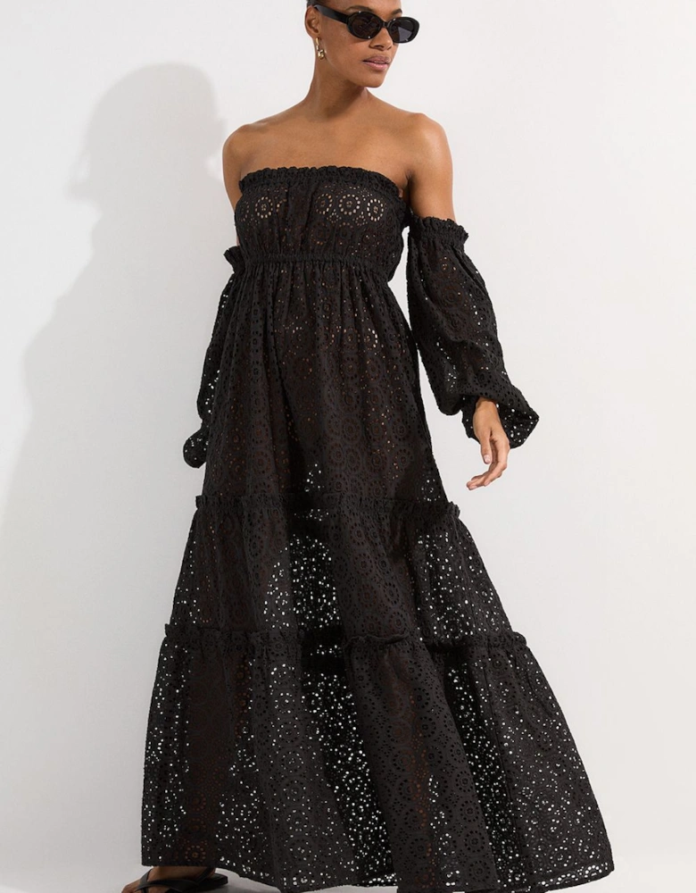 Off Shoulder Broderie Maxi Beach Woven Dress