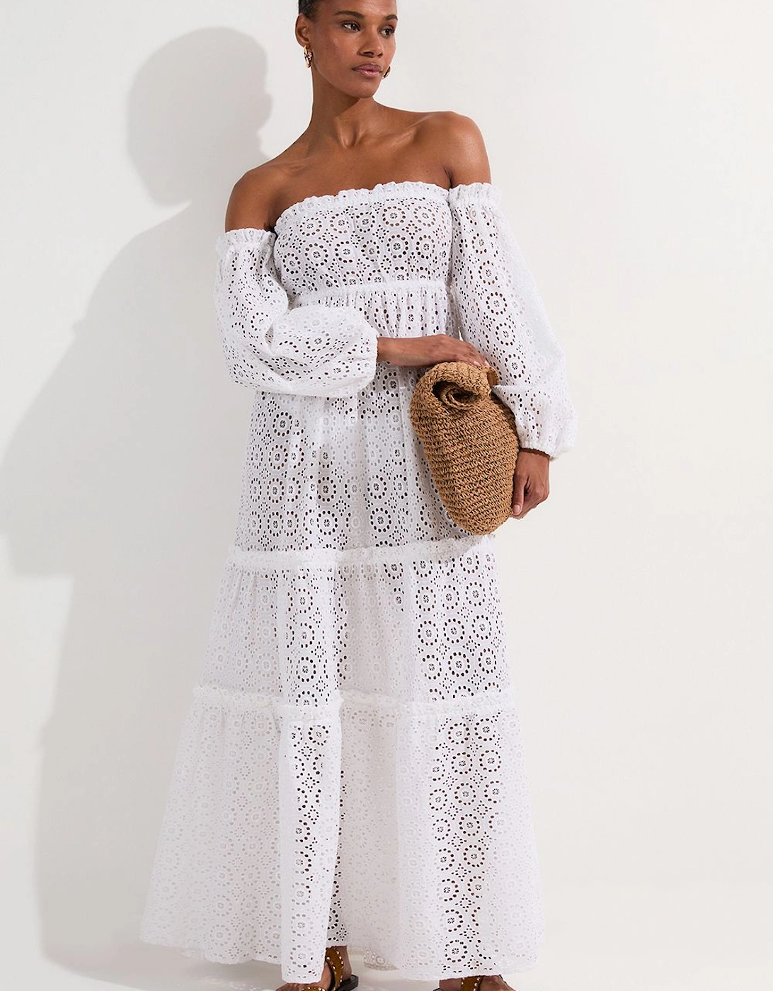 Off Shoulder Broderie Maxi Beach Woven Dress, 2 of 1
