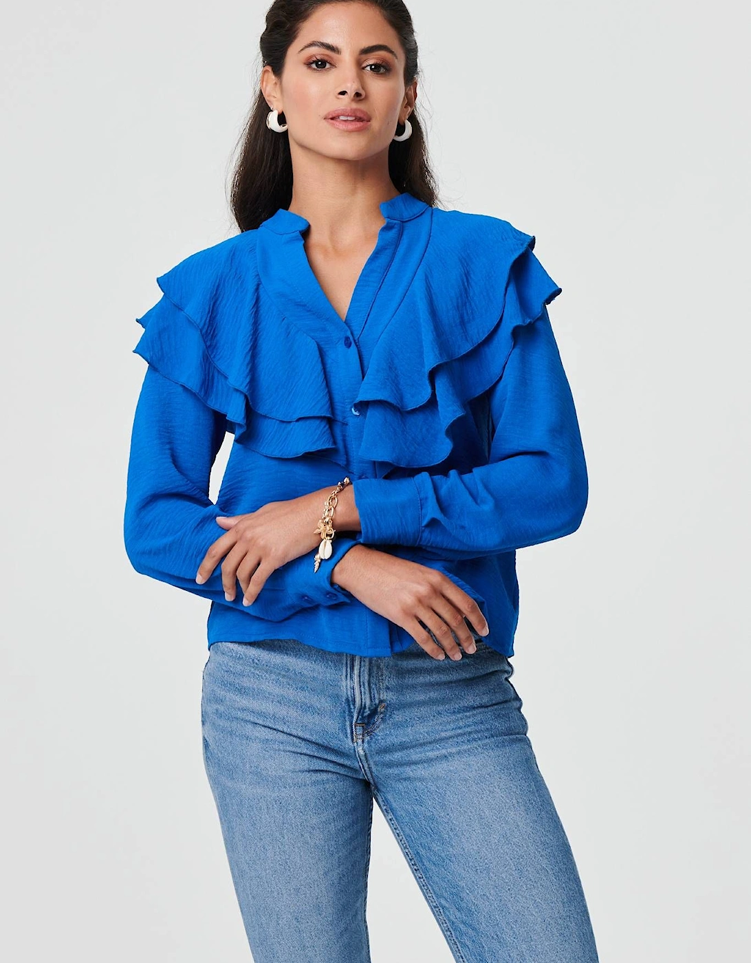 Ruffled Detail Long Sleeve V-Neck Blouse, 2 of 1