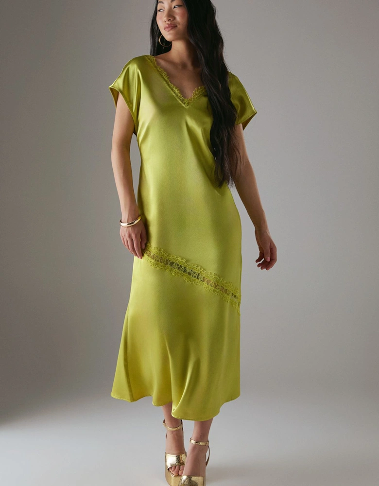 Petite High Shine Satin Grown On Sleeve Lace Midi Tea Dress