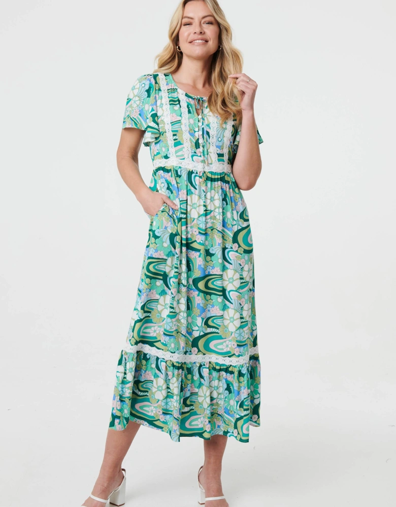 Abstract Lace Trim Tie Neck Midi Dress