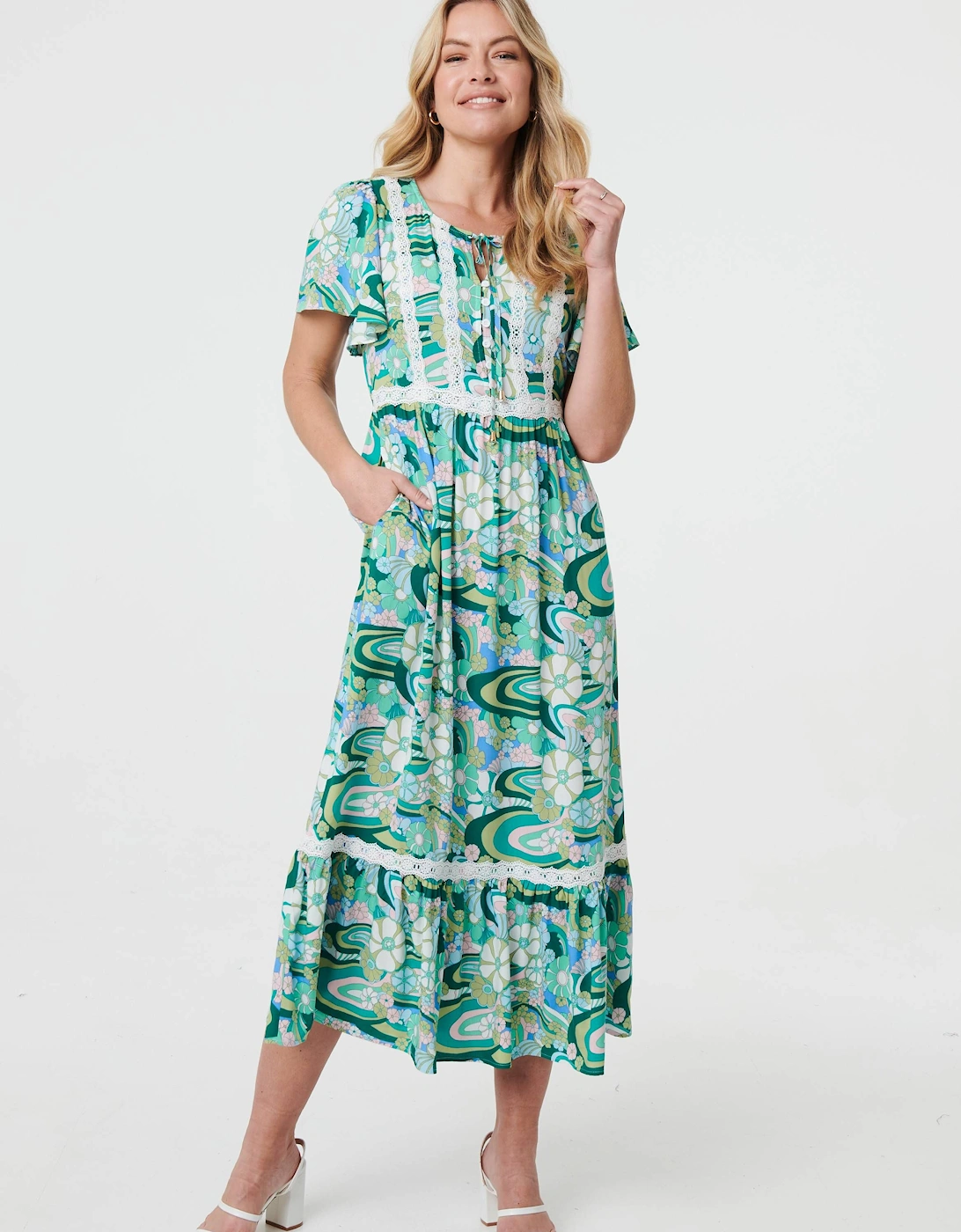 Abstract Lace Trim Tie Neck Midi Dress, 2 of 1
