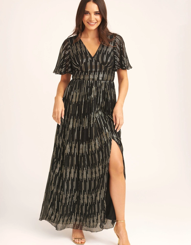 Black Stripe Foil Angel Sleeves Maxi Dress