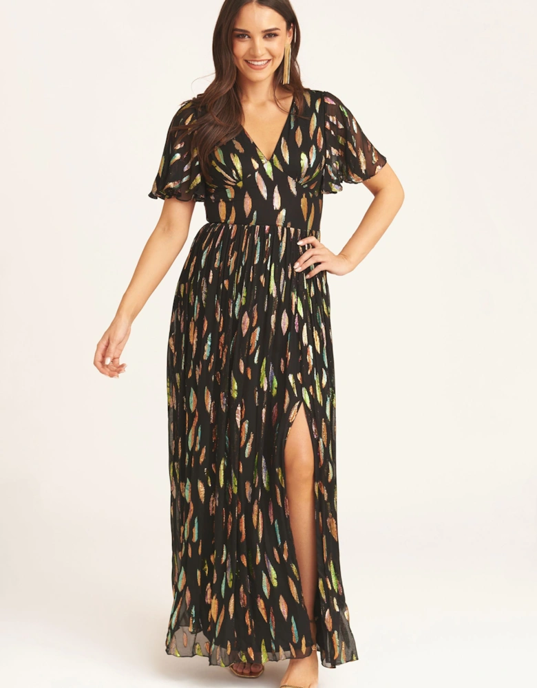 Black Multi Jacquard Angel Sleeves Maxi Dress