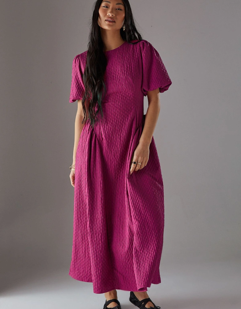 Petite Seersucker Organza Godet Side Puff Sleeve Midi Dress